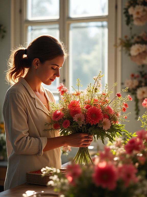 Lead florist arranging a complex bouquet in a sunlit studio.