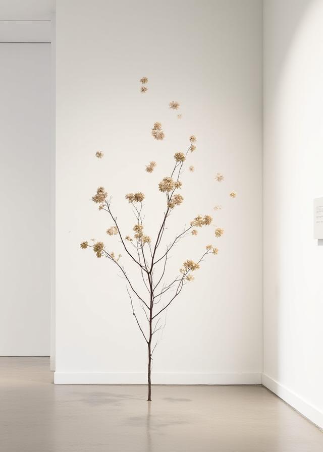 Minimalist botanical art for an art gallery event, featuring suspended dried flowers and branches in a contemporary setting.