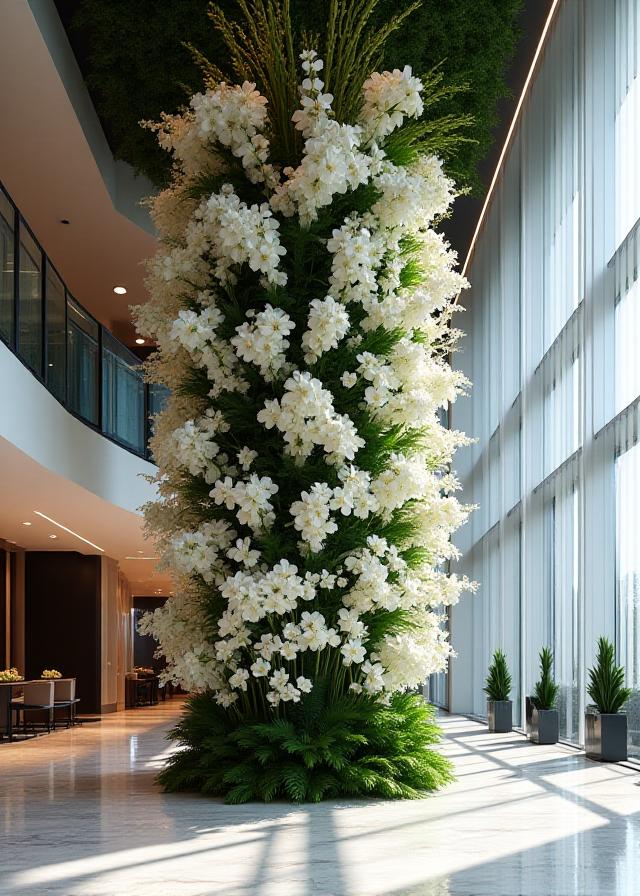 Grand floral installation in a corporate building lobby, featuring a cascade of pristine white orchids and rich green foliage.
