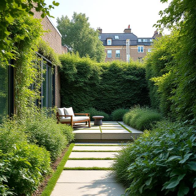 Lush, green private garden designed for a London home, showcasing structured planting and serene seating areas.
