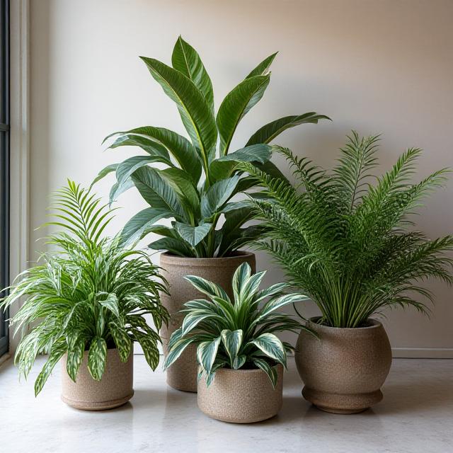 A collection of rare variegated plants in a bespoke display, exhibiting unique patterns and textures.