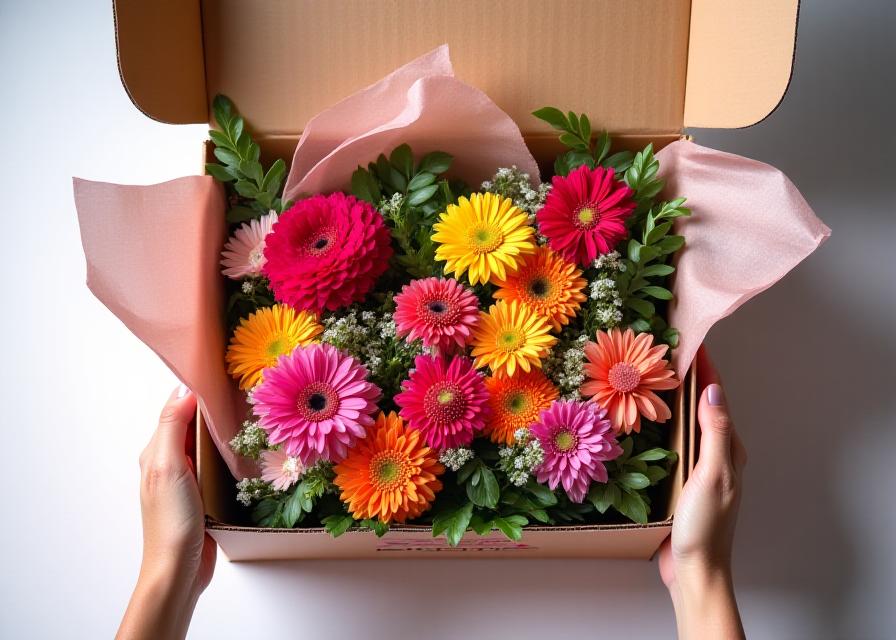 A beautifully packaged flower subscription box being opened to reveal fresh, vibrant blooms and carefully curated greenery.