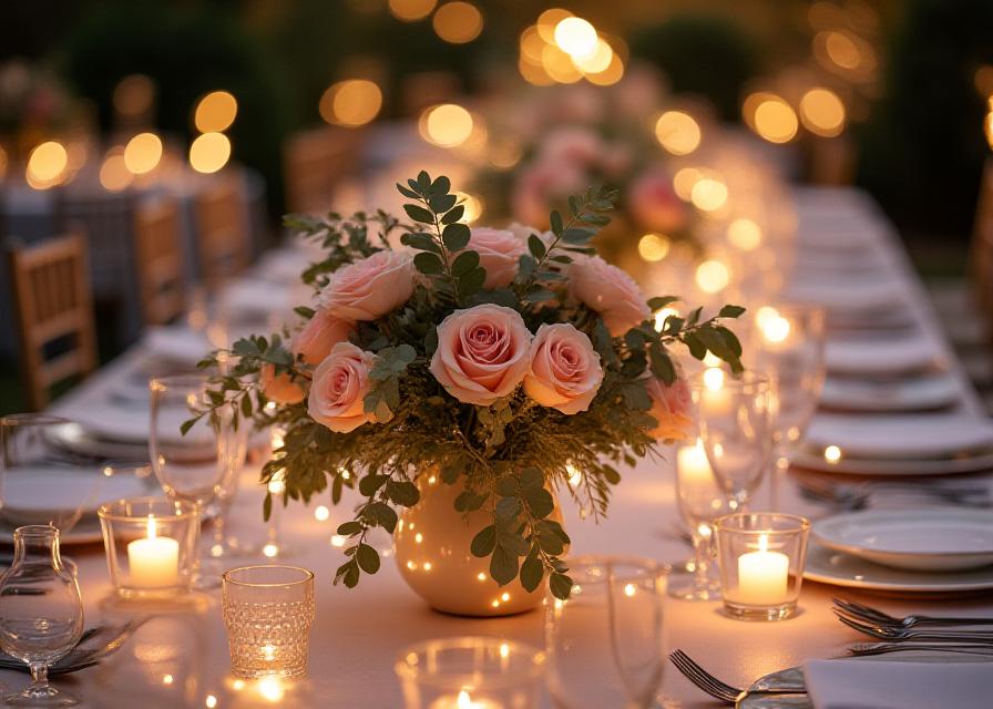 Elegant table centerpiece at a luxury wedding, adorned with blush roses, eucalyptus, and delicate fairy lights.