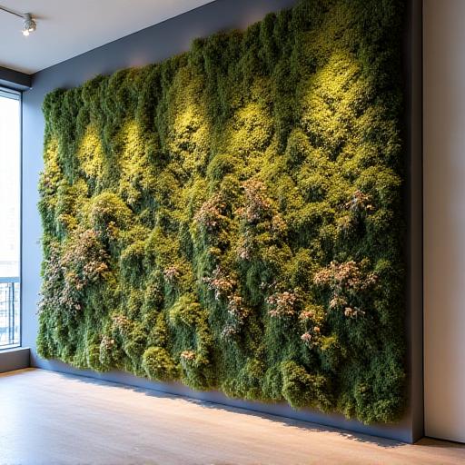 A large-scale wall installation made of moss and preserved flowers.