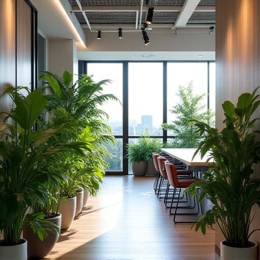 A modern office space filled with lush green plants.